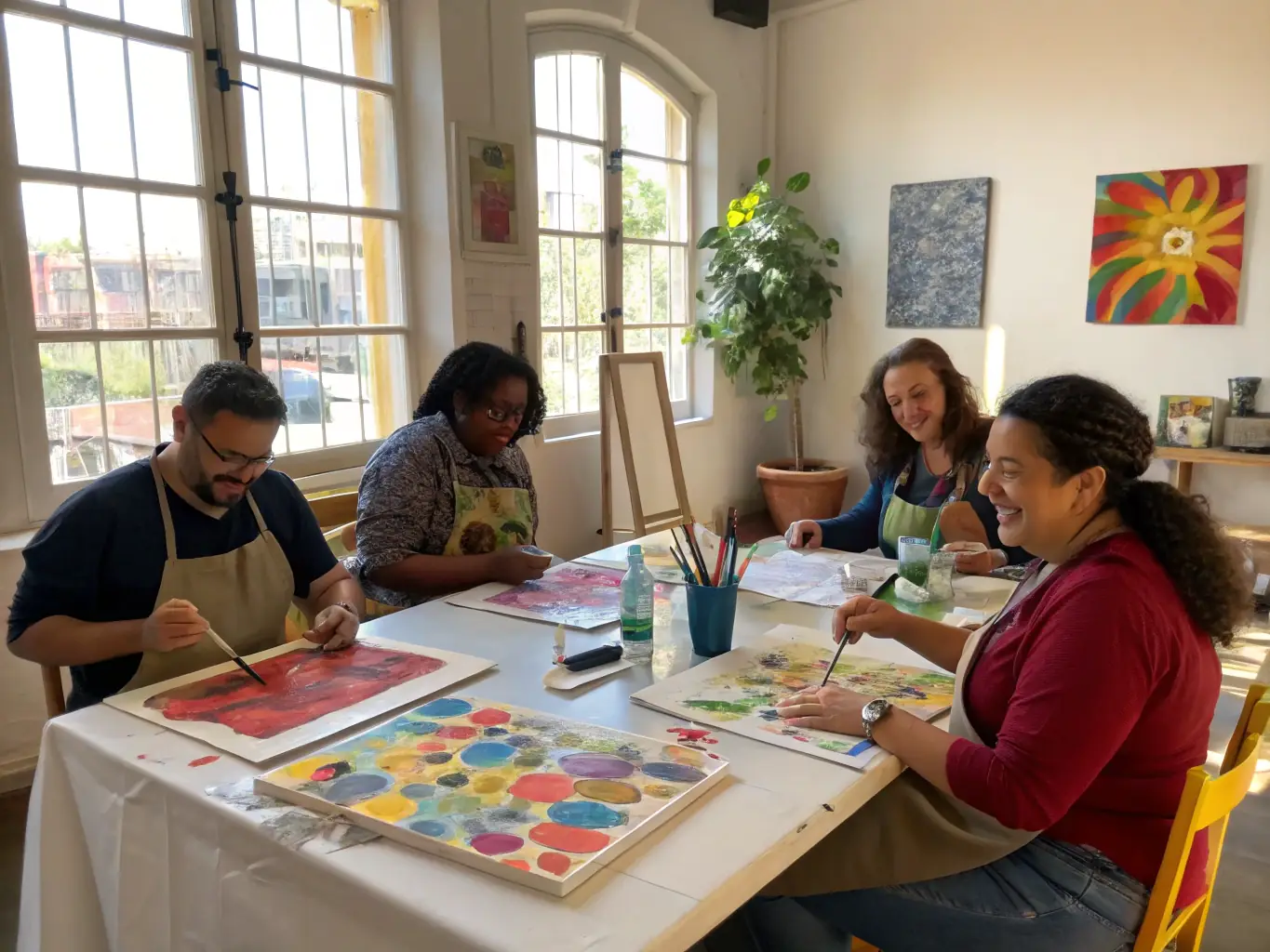 A vibrant image depicting participants actively engaged in an art workshop at Coton Tige, with paintbrushes, canvases, and various art supplies scattered around, showcasing a hands-on creative experience.