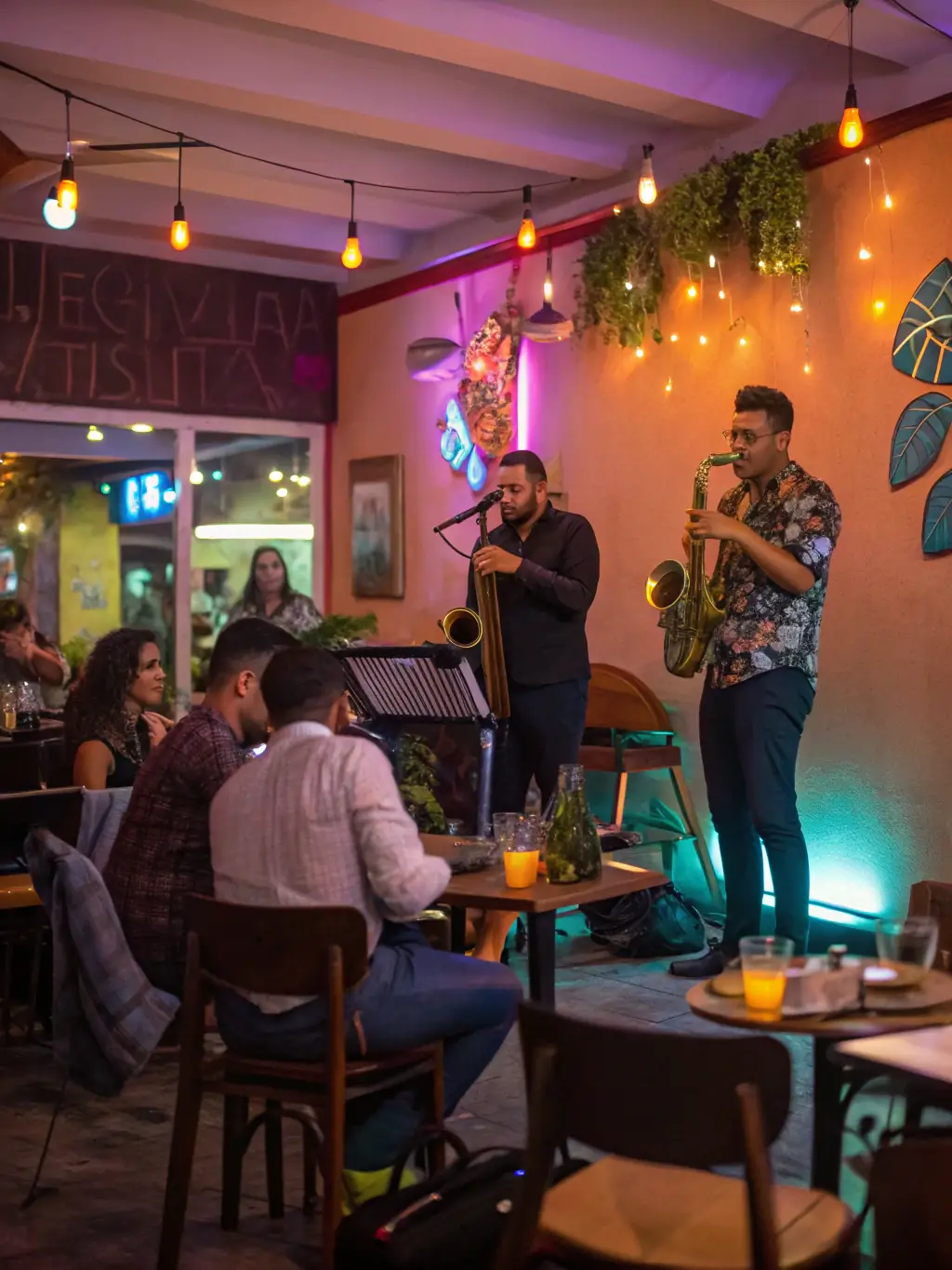 A lively scene from a café-music event at Coton Tige, depicting a local band performing on a small stage, with audience members enjoying the music while seated at tables, sipping coffee and engaging in conversation.