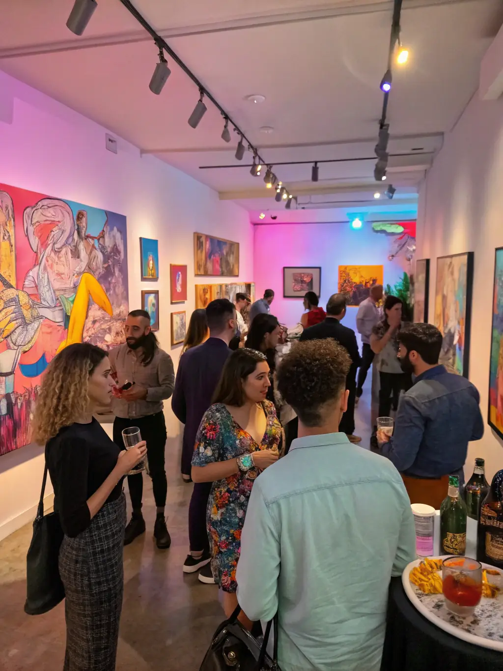 A dynamic image of an art exhibition opening night at Coton Tige, featuring attendees admiring a diverse collection of paintings, sculptures, and mixed media artworks, with the artist present and engaging with the audience.
