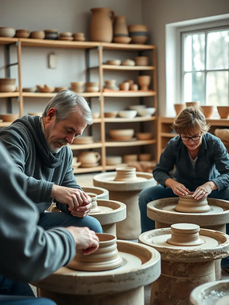 A vibrant photograph capturing a pottery workshop in progress at Coton Tige, showcasing participants of diverse ages and backgrounds actively engaged in shaping clay on pottery wheels, with natural light streaming through the windows.