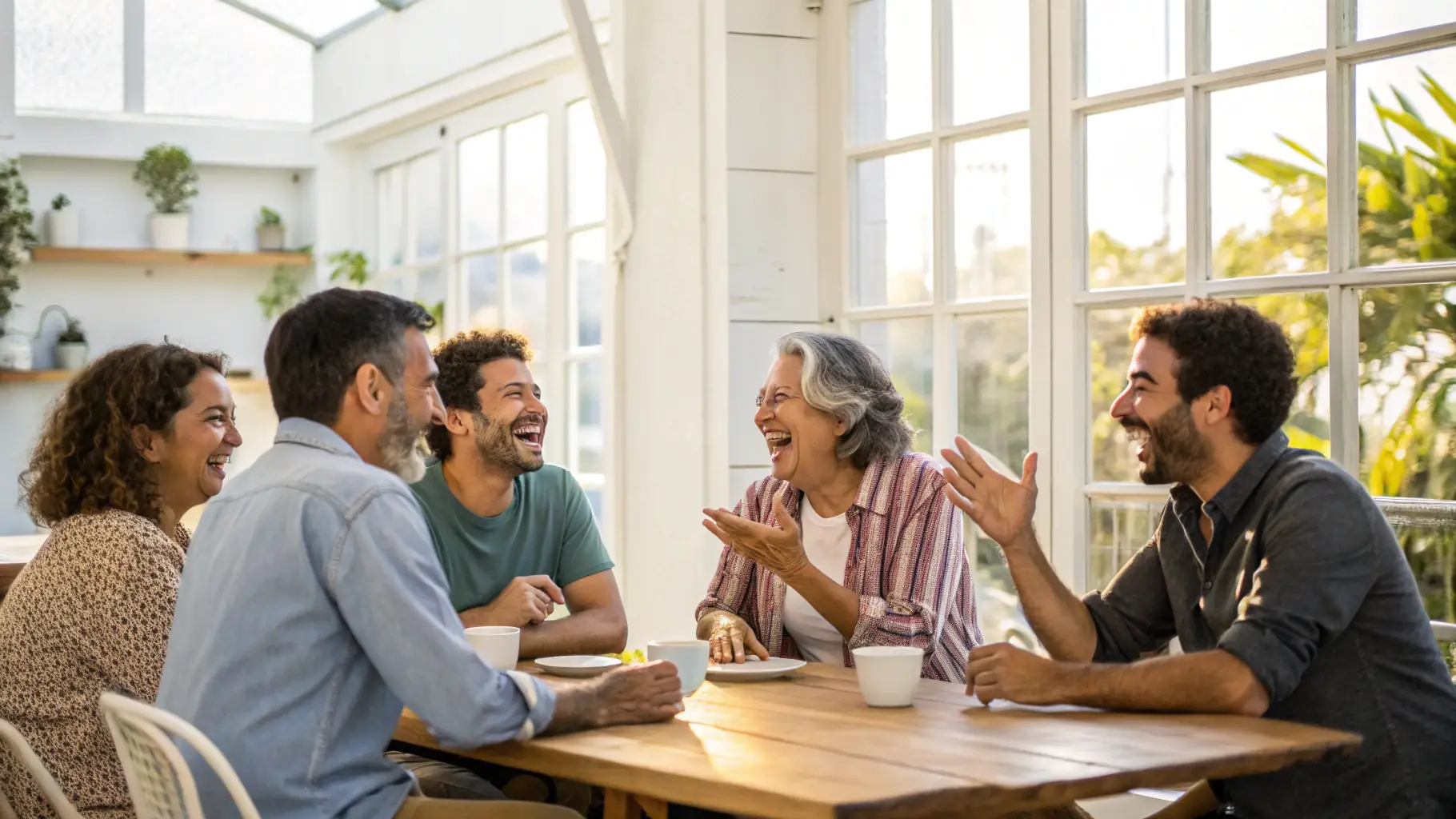 A group of people engaged in a lively discussion around a table filled with food and drinks, surrounded by artwork.