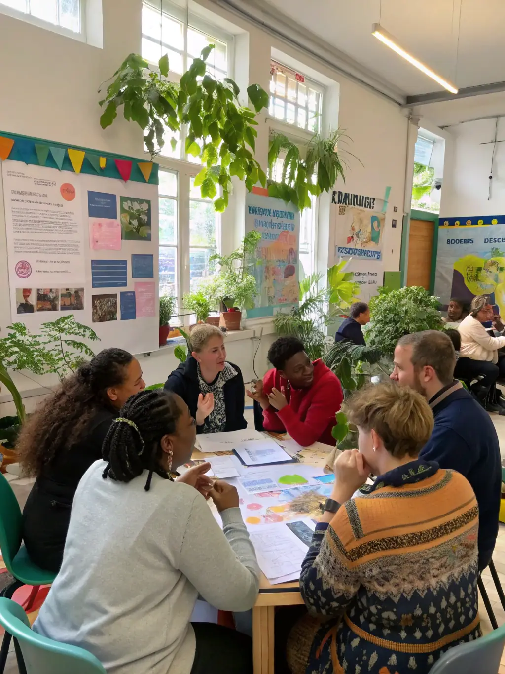 A photograph capturing a lunch debate in progress at Coton Tige, showing participants seated around a table, engaged in a lively discussion, with food and drinks served, and a moderator guiding the conversation.